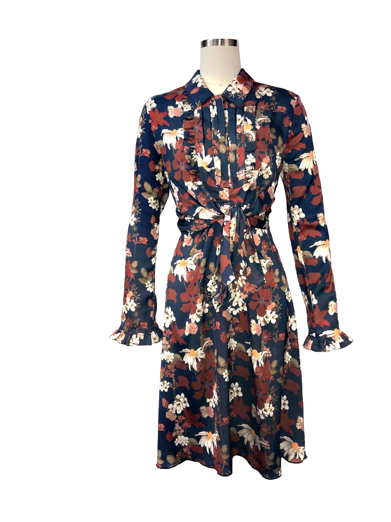 Historic New York Chamomile Floral Charmeuse silk Buttoned-up Bib & Tie Dress - Historic New York