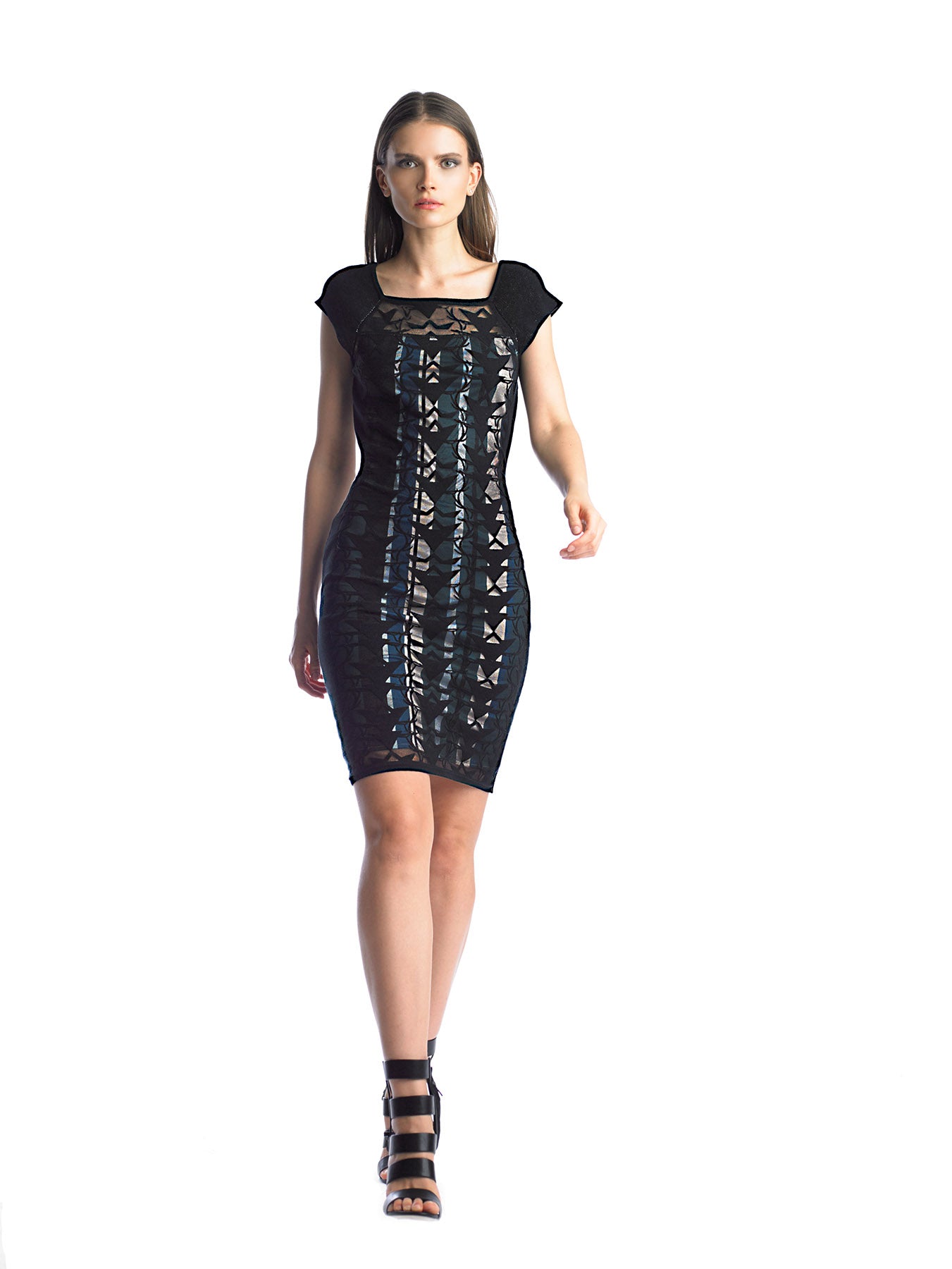 Historic New York Burnout Square Neck Cap Sleeve Sheath Dress - Historic New York