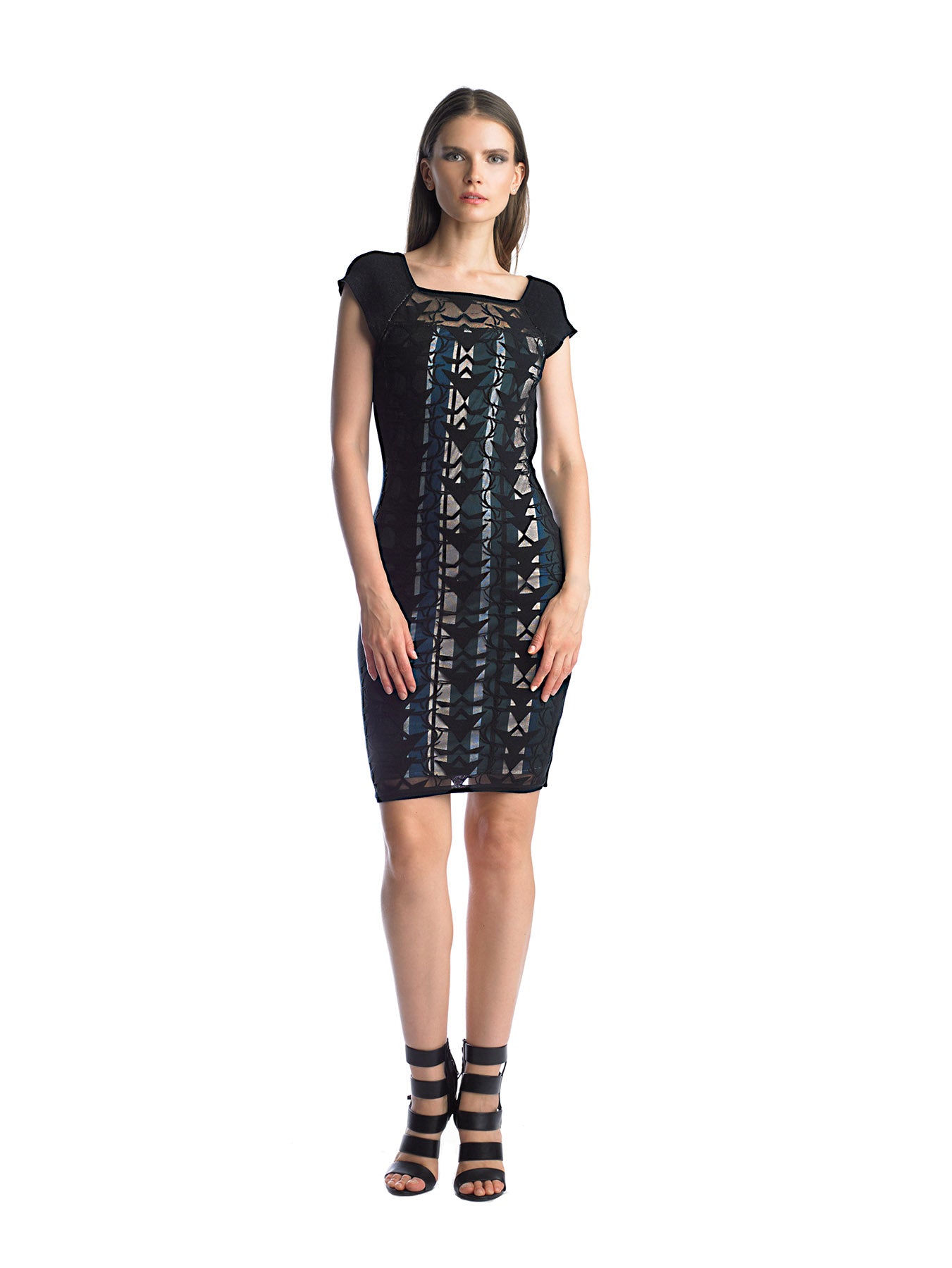 Historic New York Burnout Square Neck Cap Sleeve Sheath Dress - Historic New York