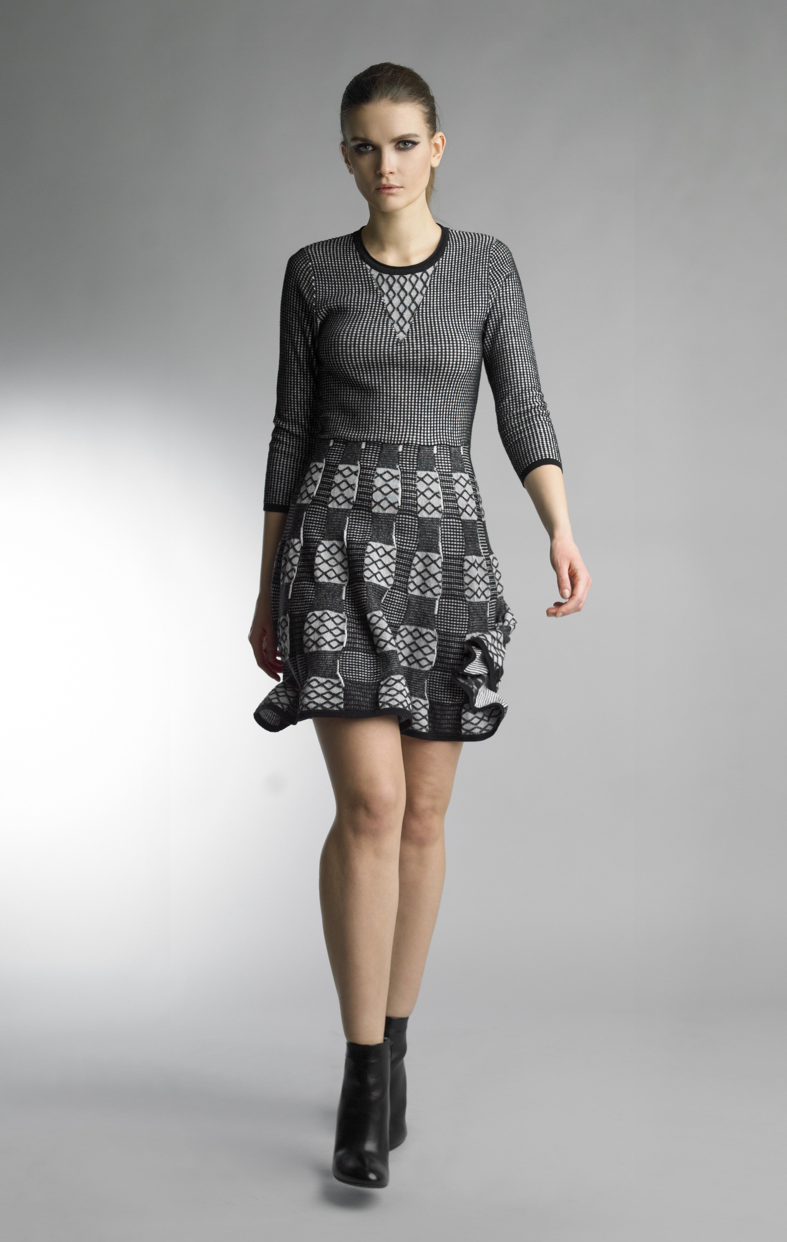 Historic New York Achromatic Geometric Fit and Flare Knitted Dress - Historic New York