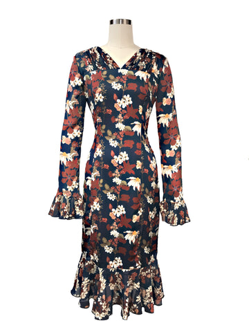 Historic New York Chamomile Floral Charmeuse Silk Georgian Dress - Historic New York