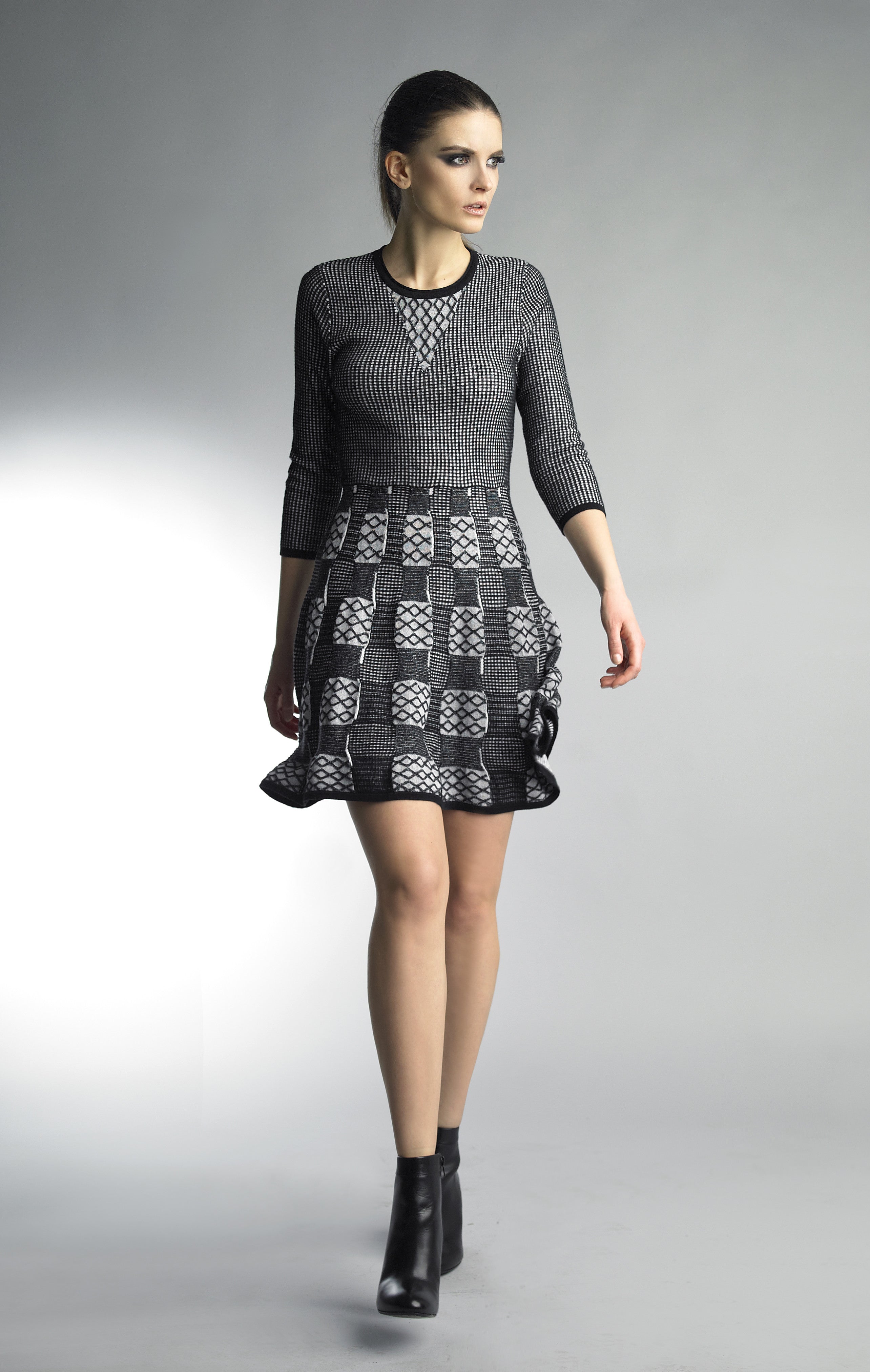 Historic New York Achromatic Geometric Fit and Flare Knitted Dress - Historic New York