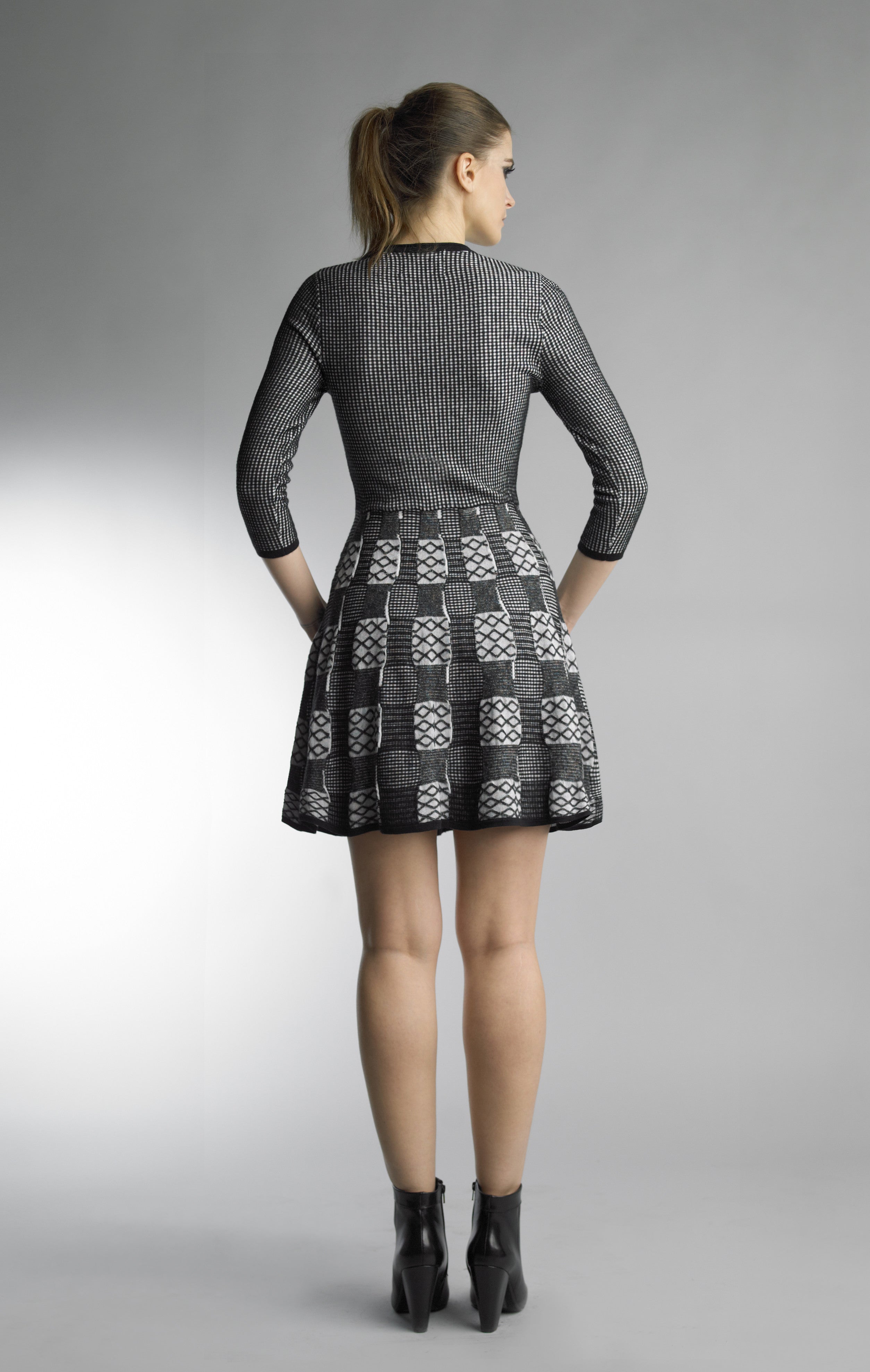 Historic New York Achromatic Geometric Fit and Flare Knitted Dress - Historic New York